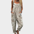 Women's Floral Embroidered Linen Overalls Casual Loose Fit Jumpsuit Beige — Main Image