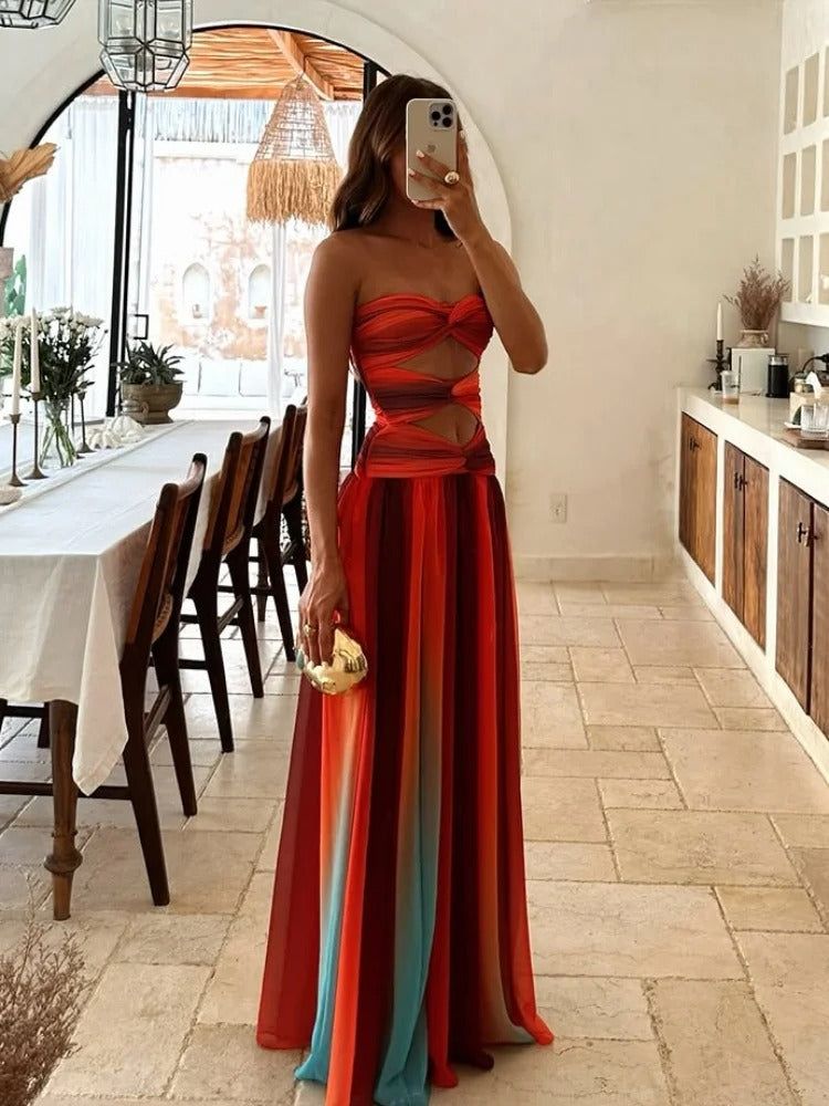 Ombre Maxi Dress Strapless Chiffon Cutout Orange Red Blue — Image 3