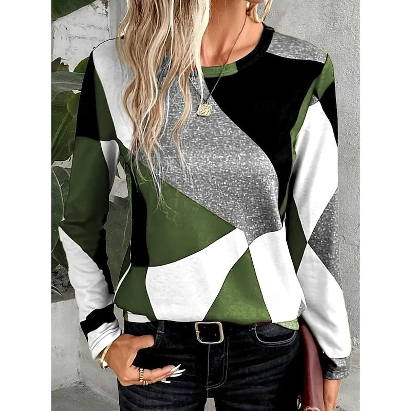 Women's Geometric Long Sleeve Top Soft Stretchy Casual Crew Neck Blouse Multicolor — Image 3