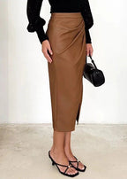 Draped Faux Leather Midi Skirt with Slit, Black, Beige, Brown. Elegant Women's Pencil Skirt. — Image 14