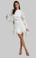 Lace Mini Dress Long Sleeve Ruffle Hem - Various Colors — Main Image