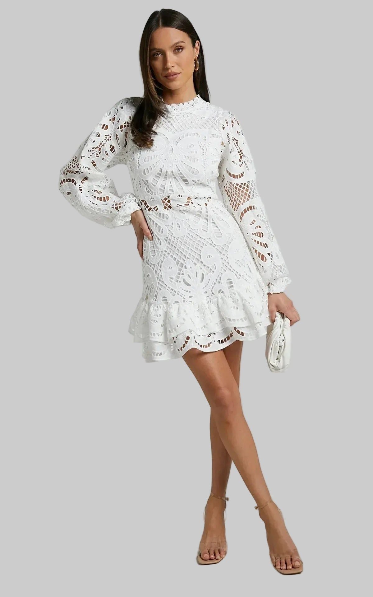 Lace Mini Dress Long Sleeve Ruffle Hem - Various Colors — Main Image
