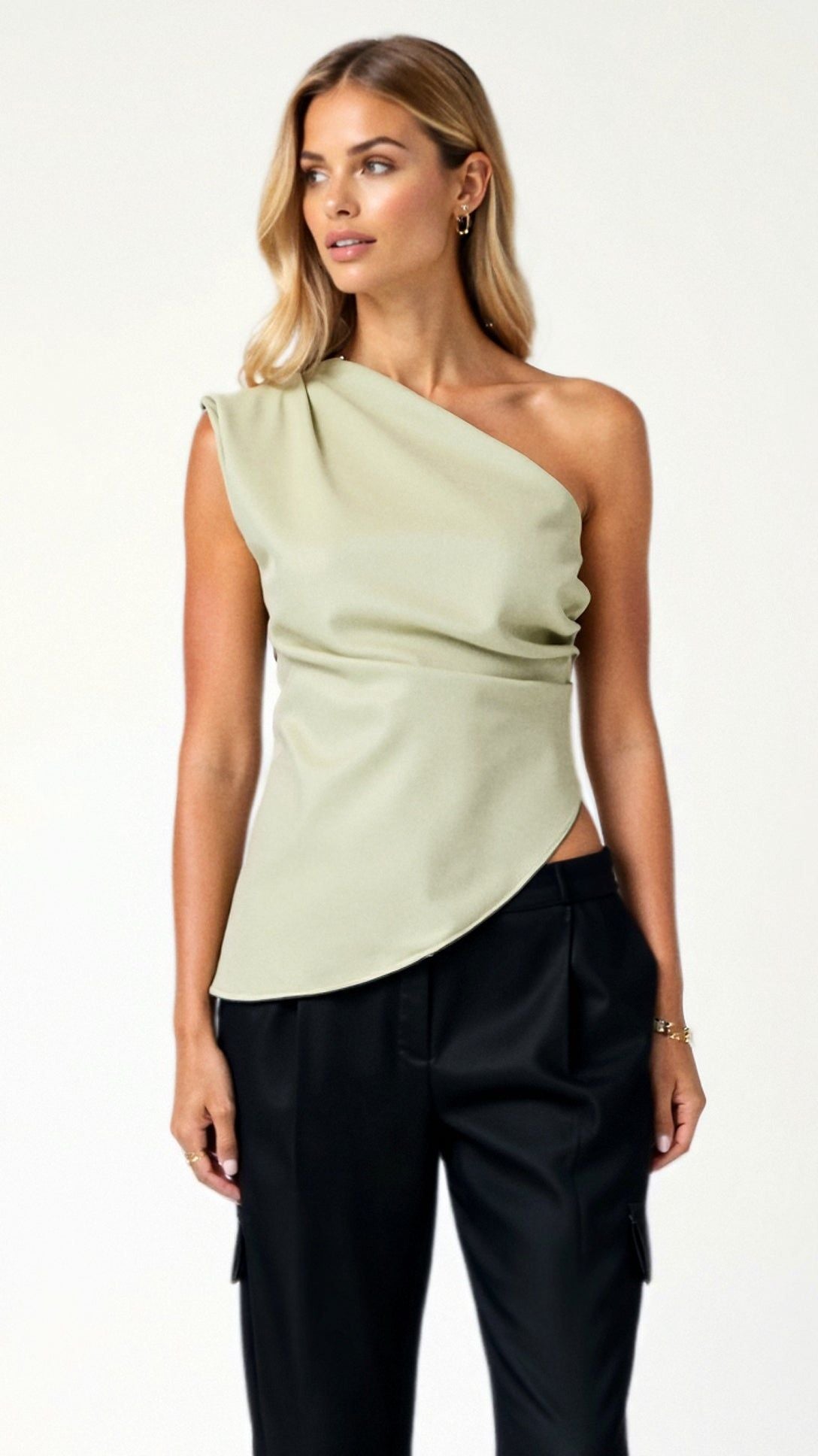 One-Shoulder Blouse: Sleeveless Asymmetrical Top, Sage Green Polyester Blend, Women's Fashion — Main Image