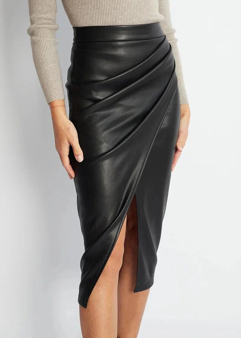 Draped Faux Leather Midi Skirt with Slit, Black, Beige, Brown. Elegant Women's Pencil Skirt. — Main Image
