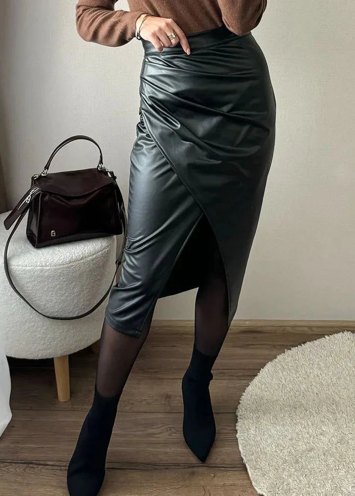 Draped Faux Leather Midi Skirt with Slit, Black, Beige, Brown. Elegant Women's Pencil Skirt. — Image 4