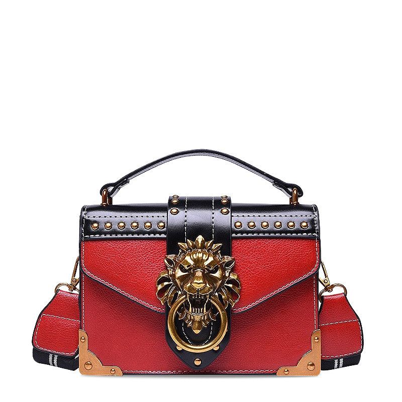 Lion Emblem Flap Satchel Bag - Faux Leather Shoulder Handbag Black/Red/Pink — Image 2