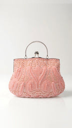 Embroidered Evening Bag with Metal Handle, Beaded Fabric Clutch for Formal Occasions — Main Image