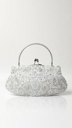 Embroidered Evening Bag with Metal Handle, Beaded Fabric Clutch for Formal Occasions — Image 3