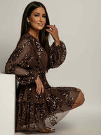 Sequin Tiered Mini Dress, Brown Long Sleeve V-Neck Polyester — Image 11