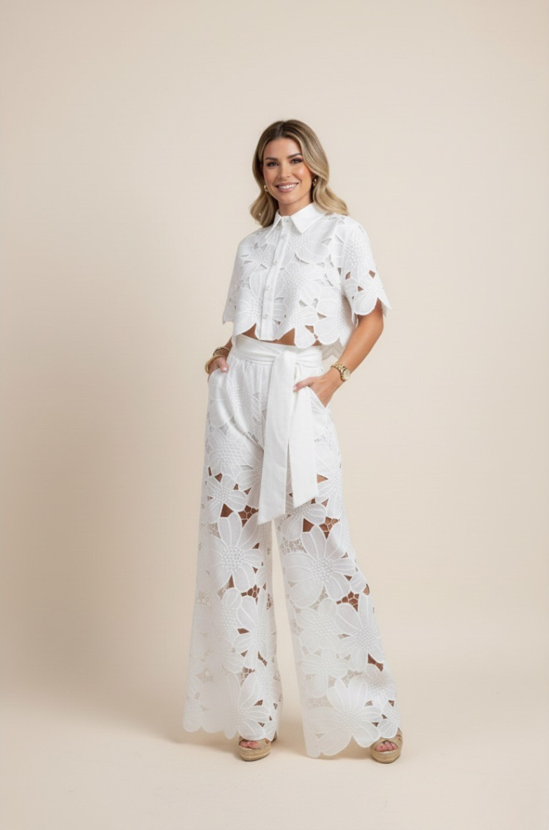 Floral Lace Two-Piece Set: Cropped Shirt & Wide Leg Pants - White Polyester Lace - Women's Fashion — Image 2