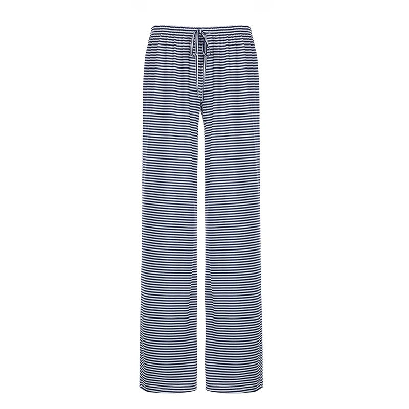 Women's Striped Wide-Leg Lounge Pants Cotton Knit Elastic Waist Relaxed Fit — Image 2