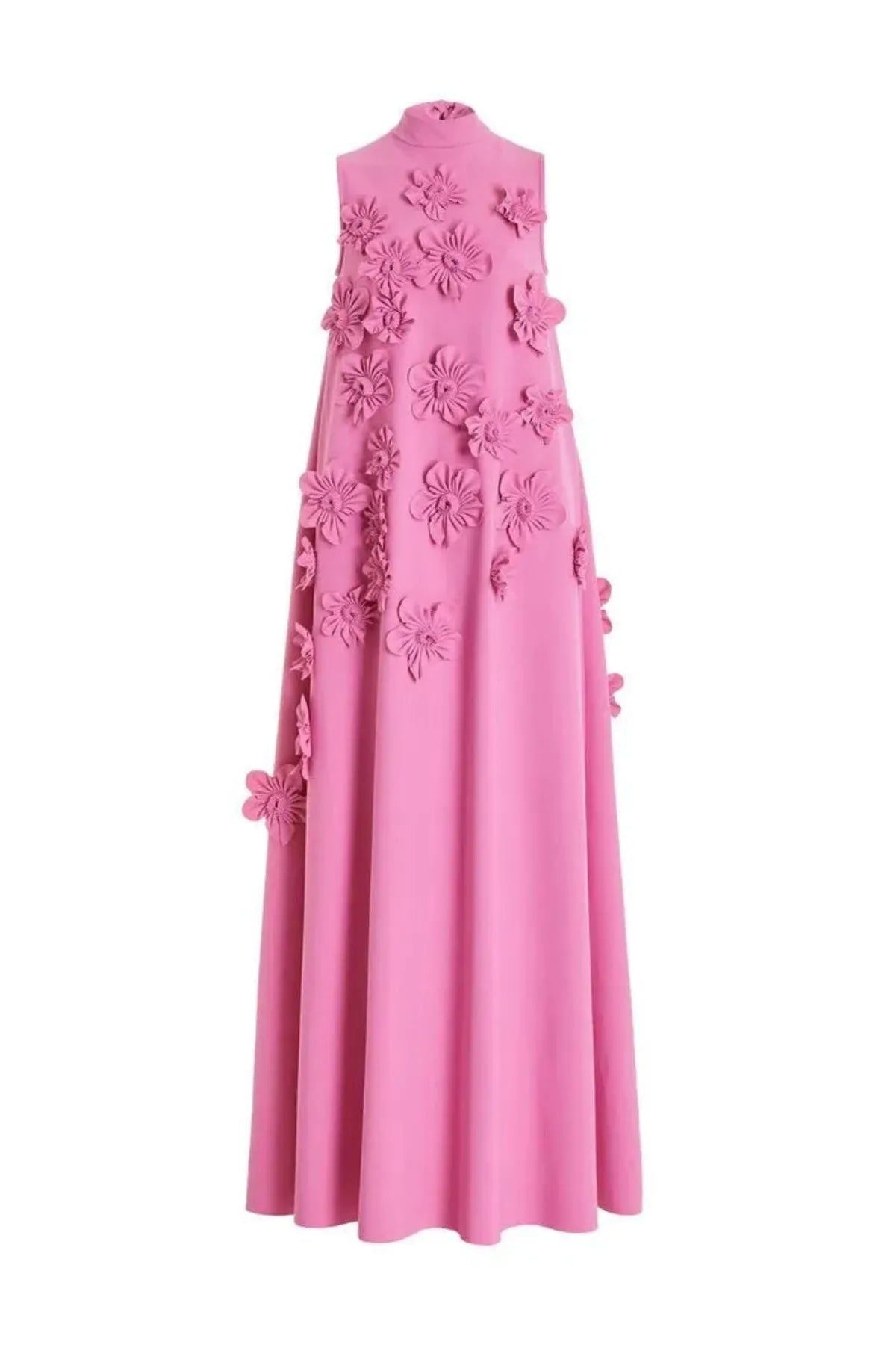 Pink Floral Appliqué Maxi Dress High Neck Sleeveless Women's Gown — Image 7