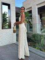 Halter Neck Wide Leg Jumpsuit Ivory Pleated Women's Formal Outfit — Image 3
