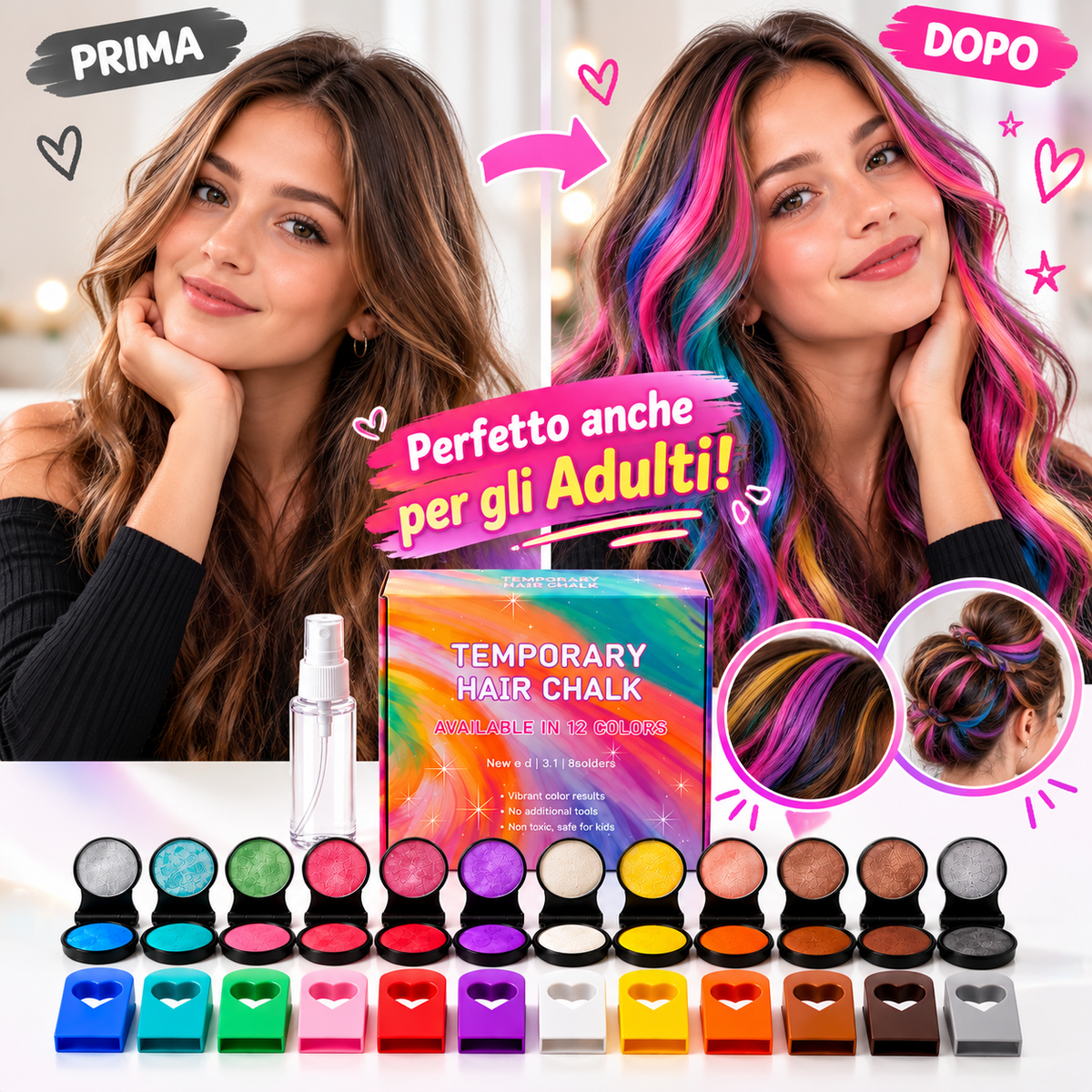 Gessetti Temporanei per Capelli – 12 Colori Neon