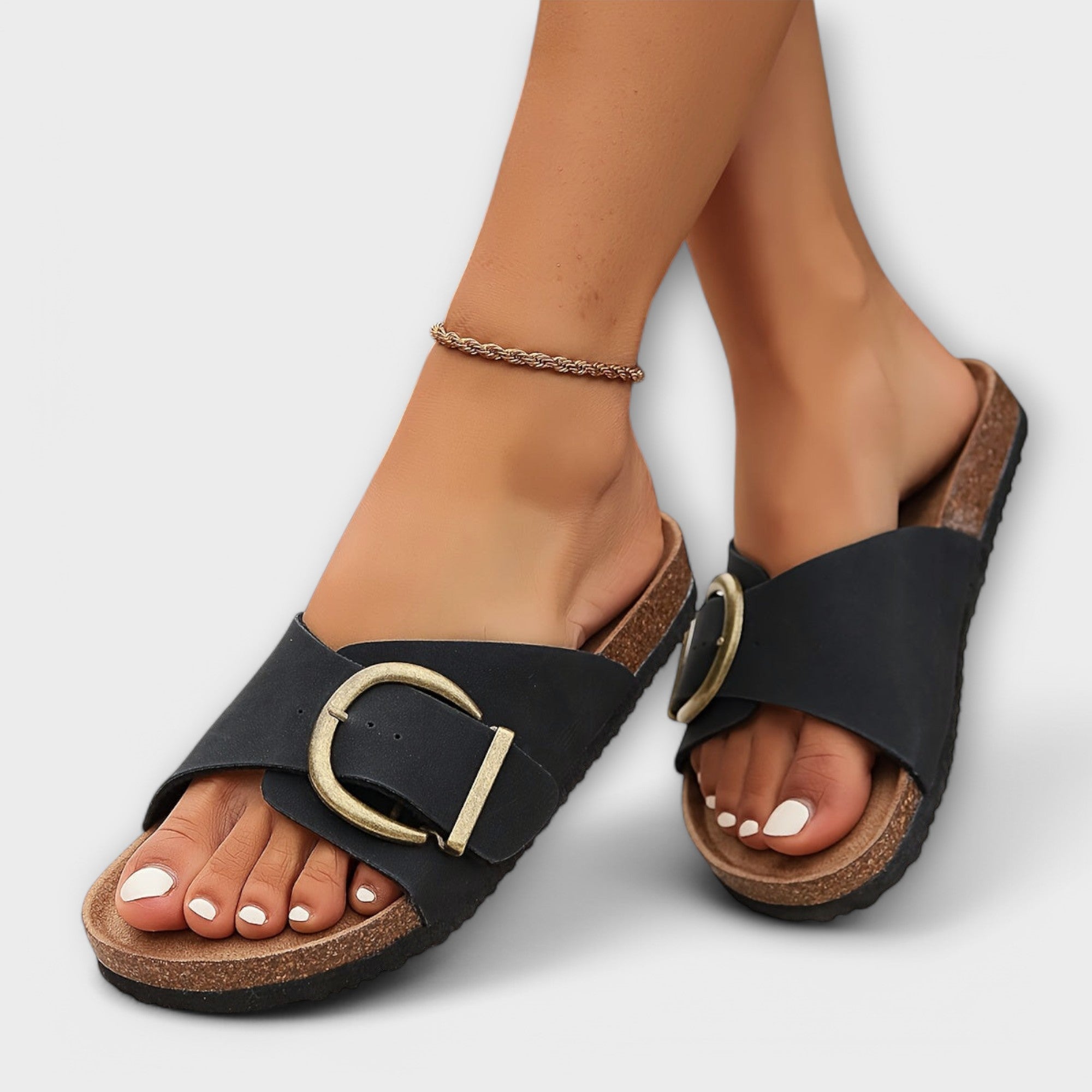 Pin Podaway Women's Slip-On Sandals Cork Footbed Adjustable Buckle Black — Main Image