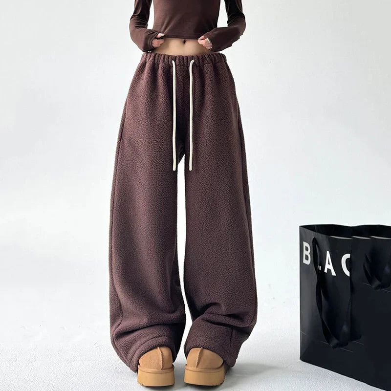Women's Wide Leg Sherpa Fleece Lounge Pants with Drawstring - Black, Brown, Green Polyester — Image 7