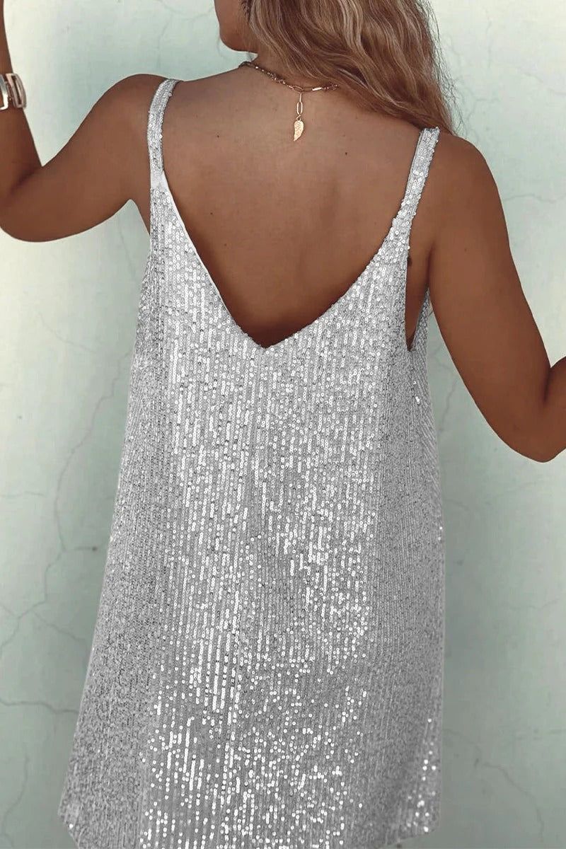 Sequin V-Neck Mini Dress. Assorted colors, polyester material. Sleeveless party dress. — Image 3