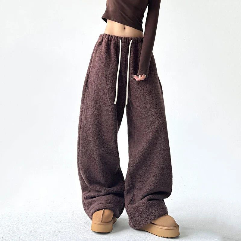 Women's Wide Leg Sherpa Fleece Lounge Pants with Drawstring - Black, Brown, Green Polyester — Image 9