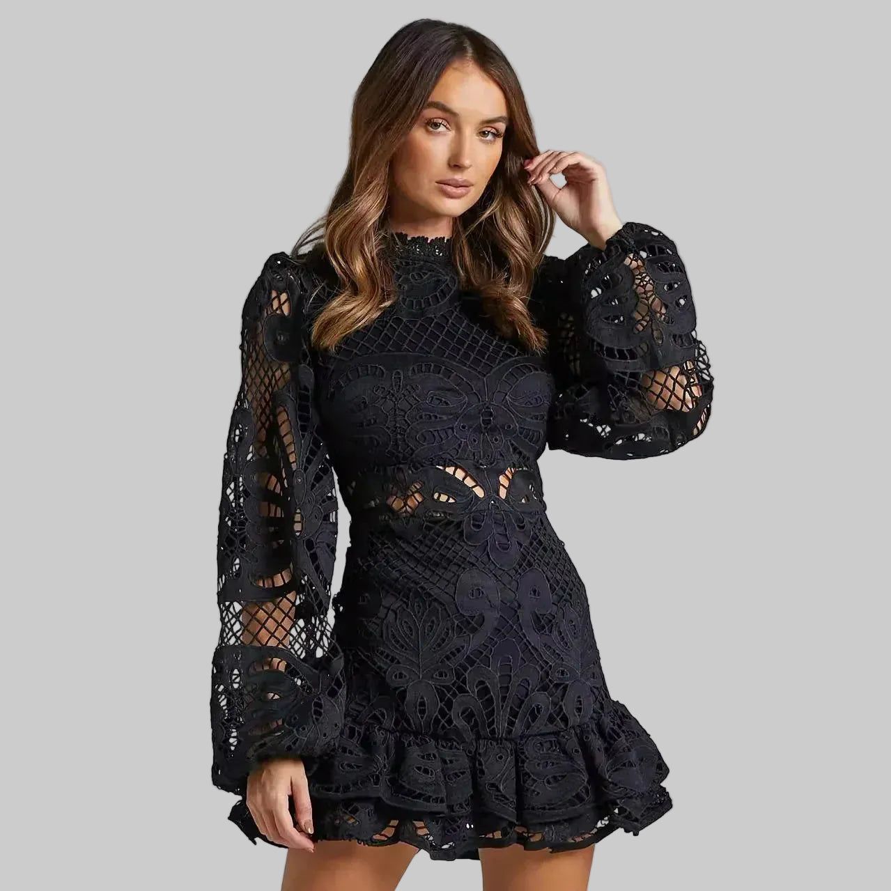 Lace Mini Dress Long Sleeve Ruffle Hem - Various Colors — Image 5
