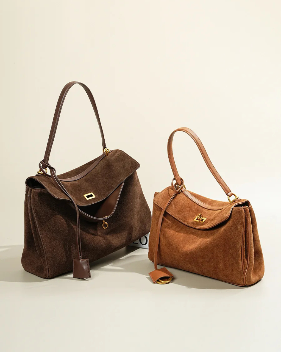 Suede Leather Top Handle Bag Brown - Women's Elegant Shoulder Bag — Main Image