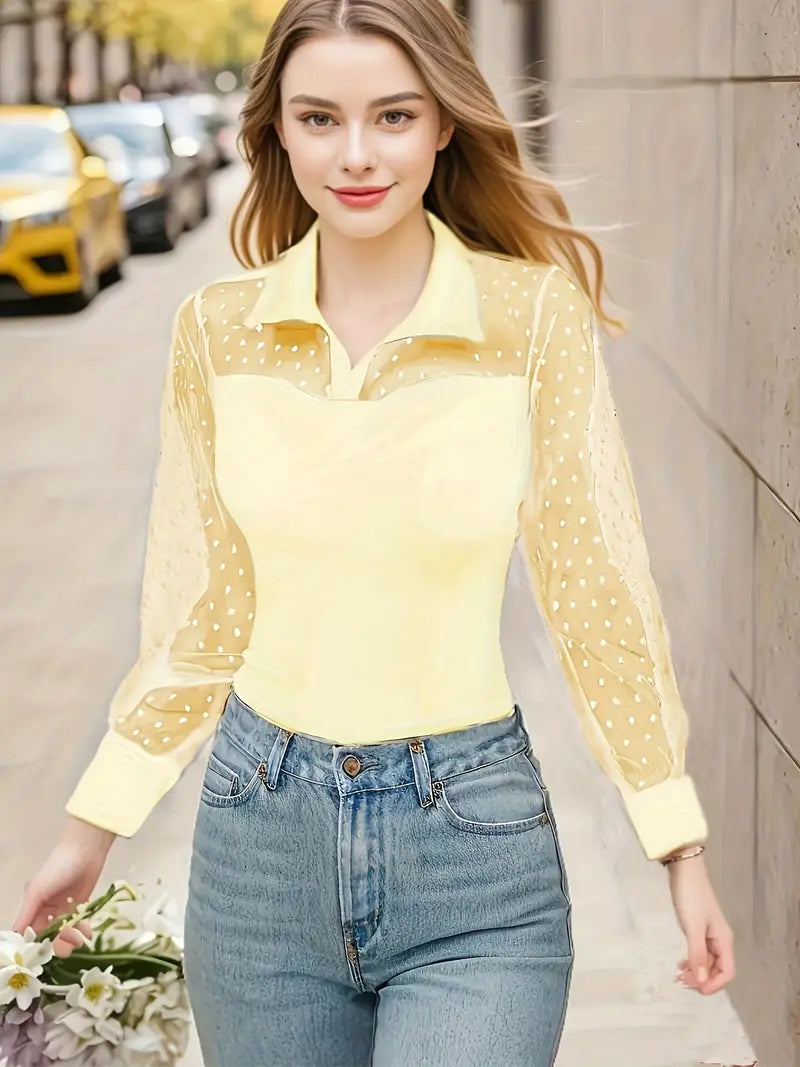 Women's Bodysuit Sheer Mesh Sleeve Polka Dot Blouse Elegant Casual Formal — Image 5