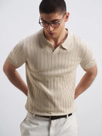 Del Viento Men's Ribbed Knit Polo Shirt Beige Cotton Blend Short Sleeve Casual Top — Image 2