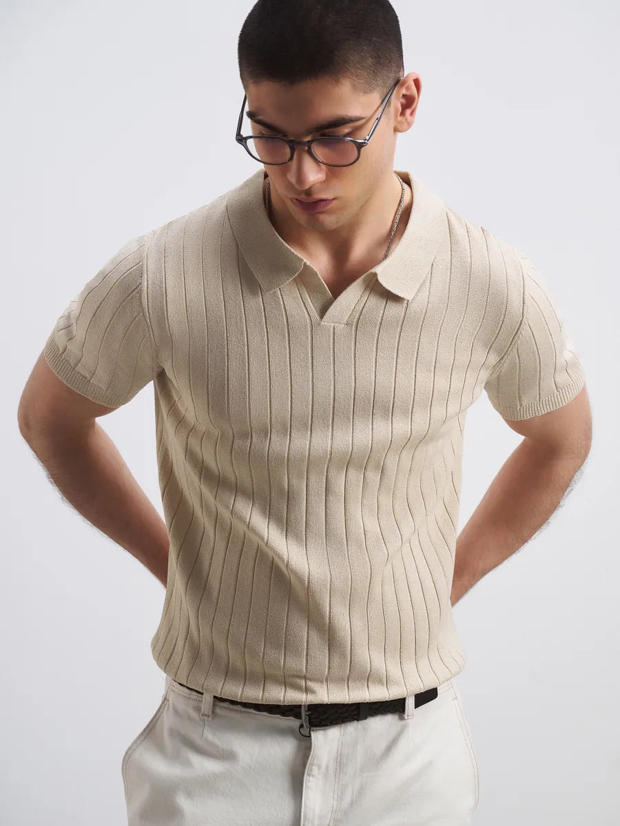 Del Viento Men's Ribbed Knit Polo Shirt Beige Cotton Blend Short Sleeve Casual Top — Image 2