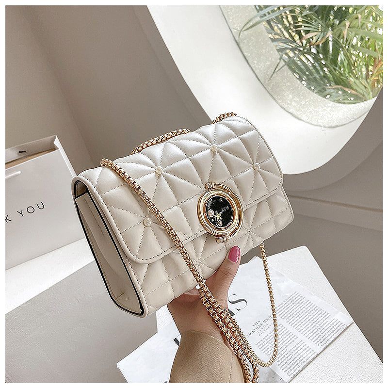 Quilted Crossbody Bag Black Faux Leather Chain Strap Pearl Accents — Image 3