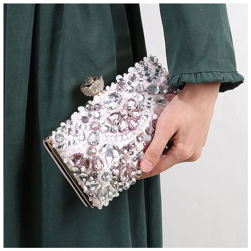 Crystal Embellished Evening Clutch Bag Pink Rhinestones Pearls Formal Handbag — Image 5