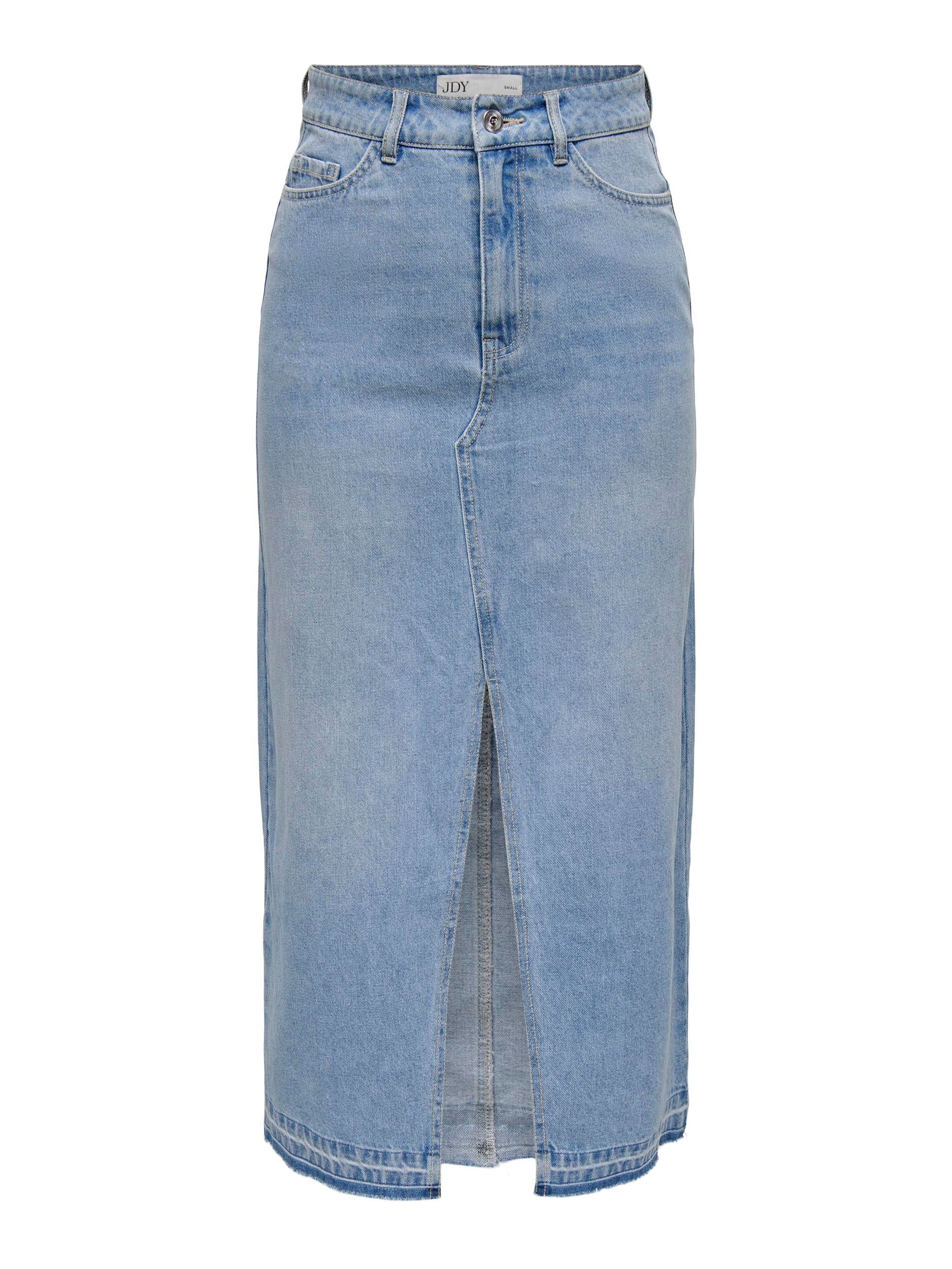 Jdy Denim Midi Skirt Light Blue Wash Front Slit Women's Fashion — Main Image