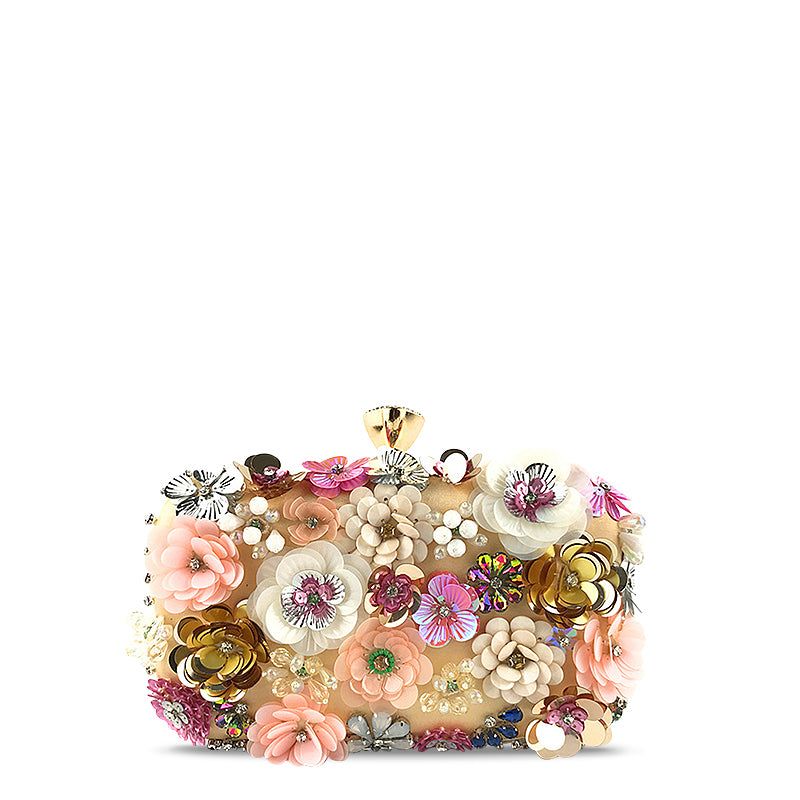 Floral Beaded Evening Clutch Bag Beige with Chain Strap. Elegant Party Handbag — Main Image