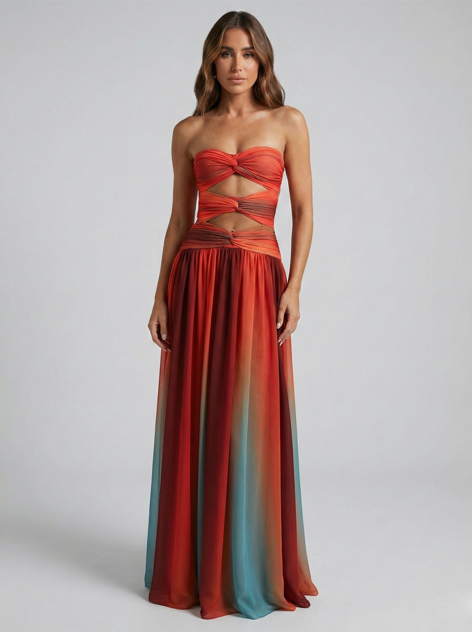 Ombre Maxi Dress Strapless Chiffon Cutout Orange Red Blue — Main Image
