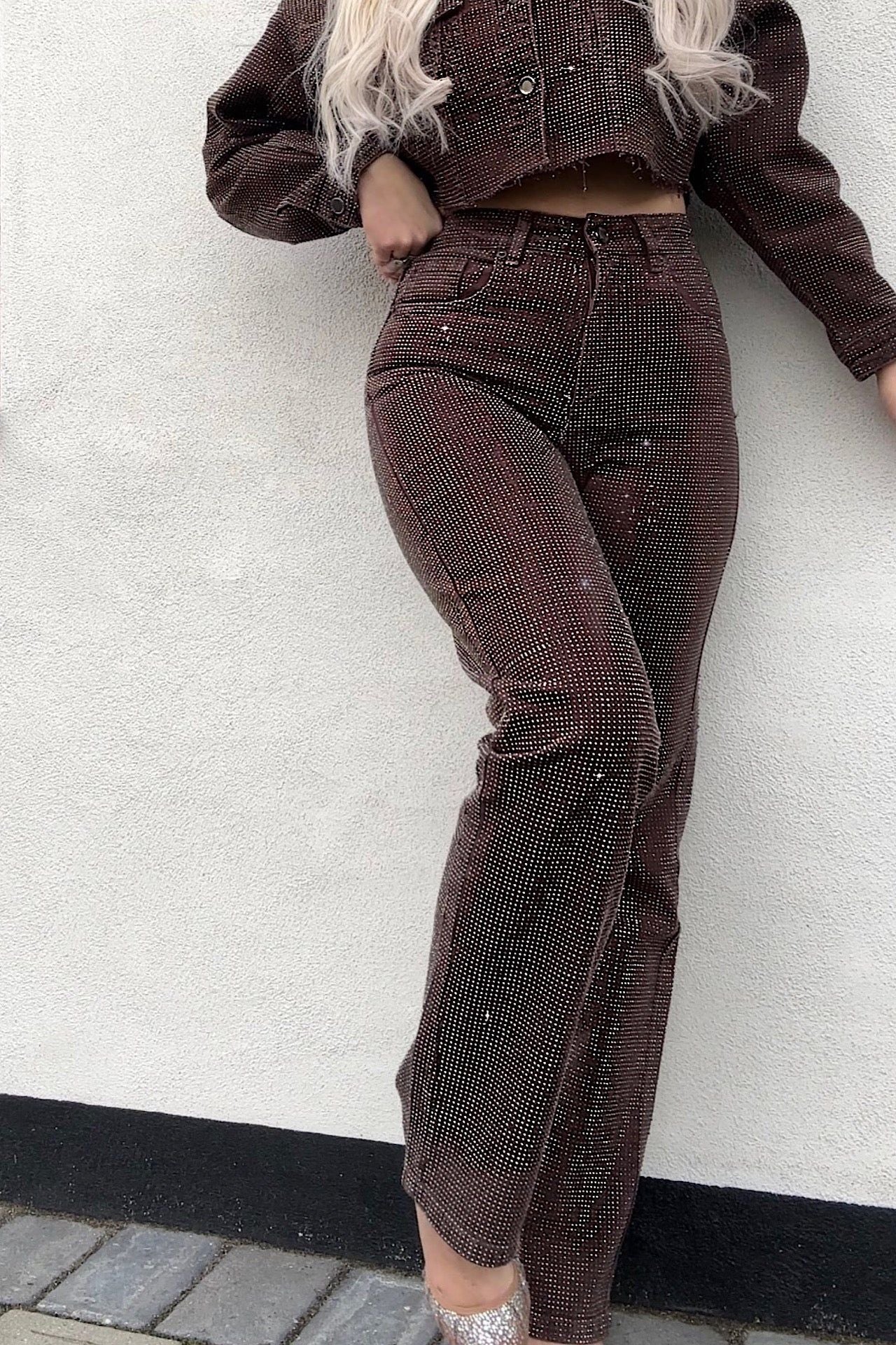 Brown Rhinestone High Waist Flare Jeans. Women's embellished denim pants. — Main Image