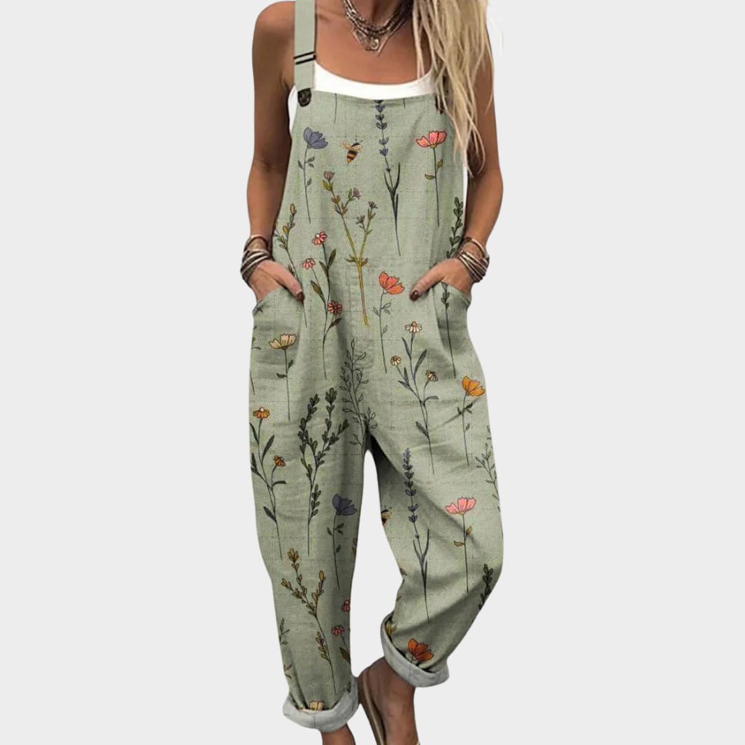 Women's Floral Linen Overalls Casual Loose Fit Jumpsuit with Pockets — Main Image
