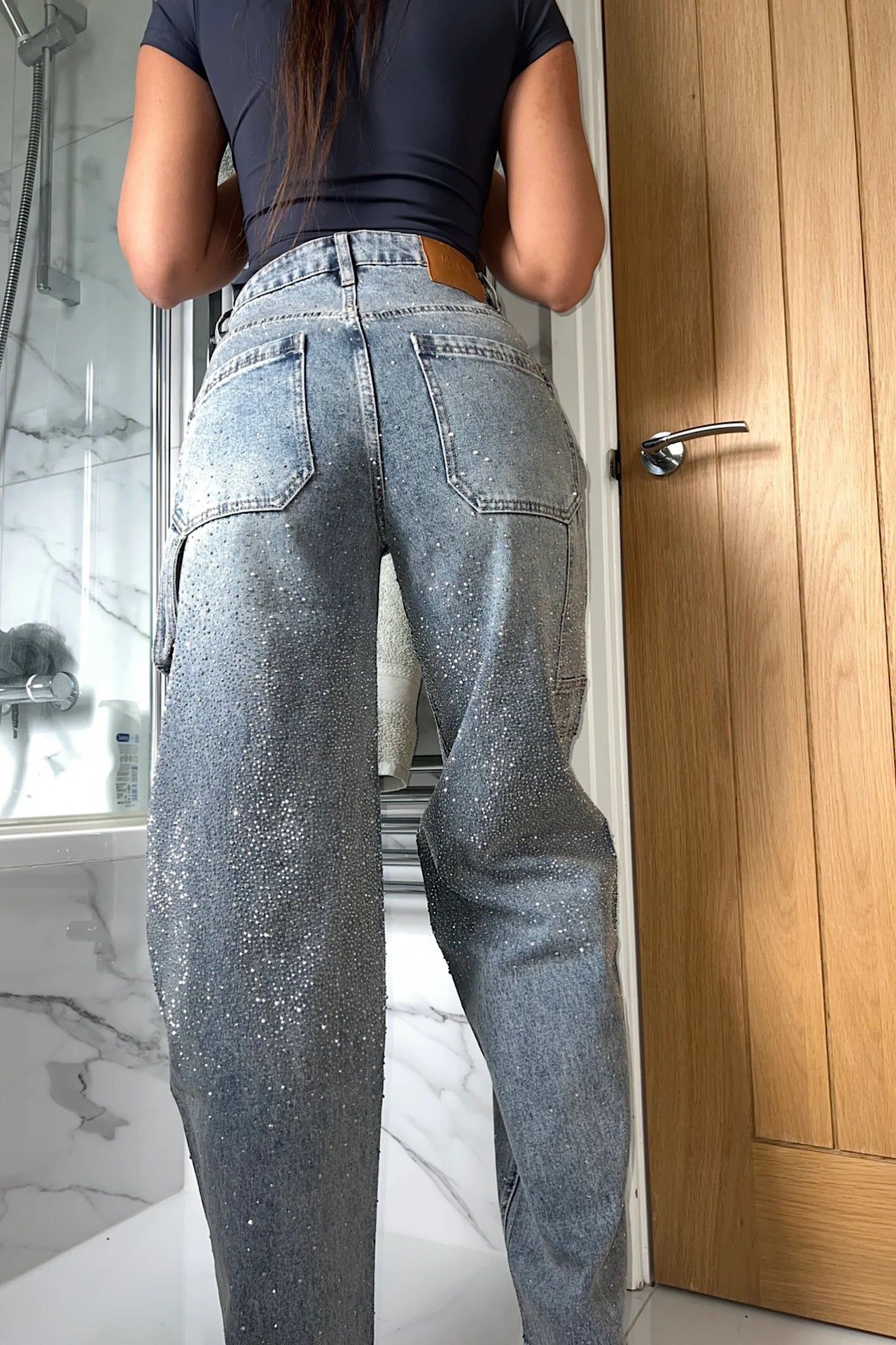 Women's Wide Leg Rhinestone Jeans, Light Wash Denim, High Waisted — Main Image