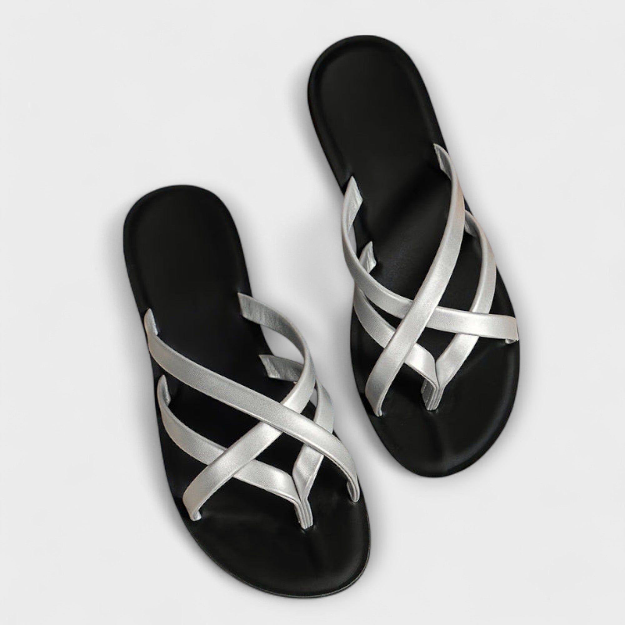 Women's Slip-On Sandals Cross Strap Lightweight Casual Flats Black Beige Silver — Image 4