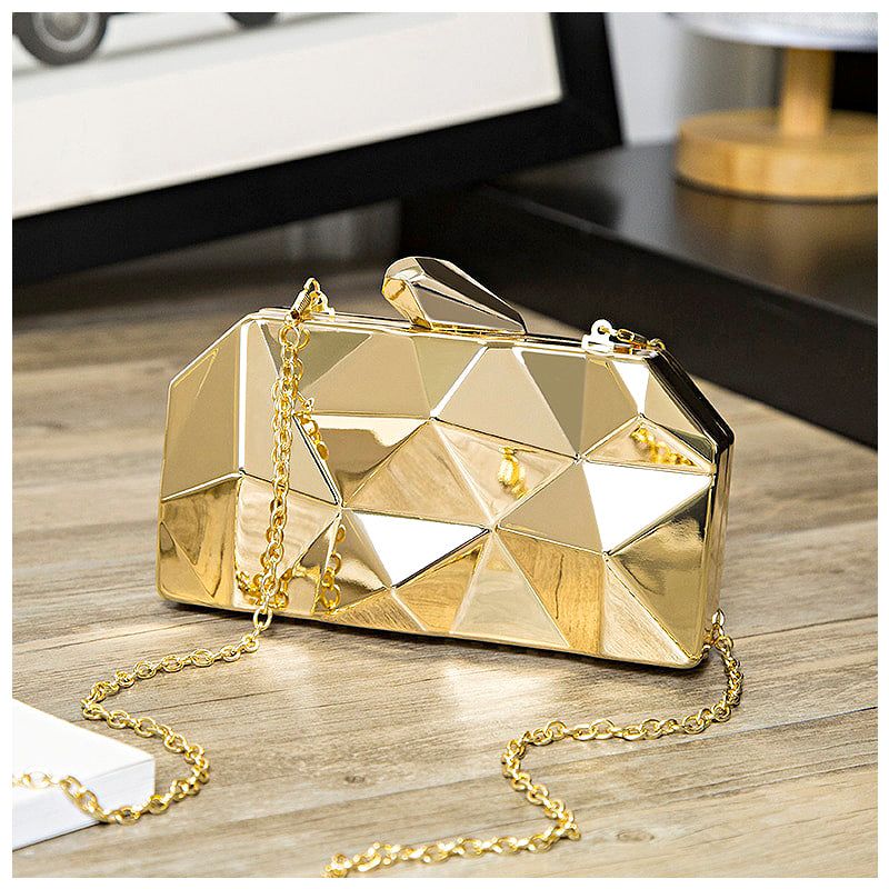 Gold Geometric Clutch Bag - Evening Party Handbag with Chain - Small Elegant Clutch — Image 6