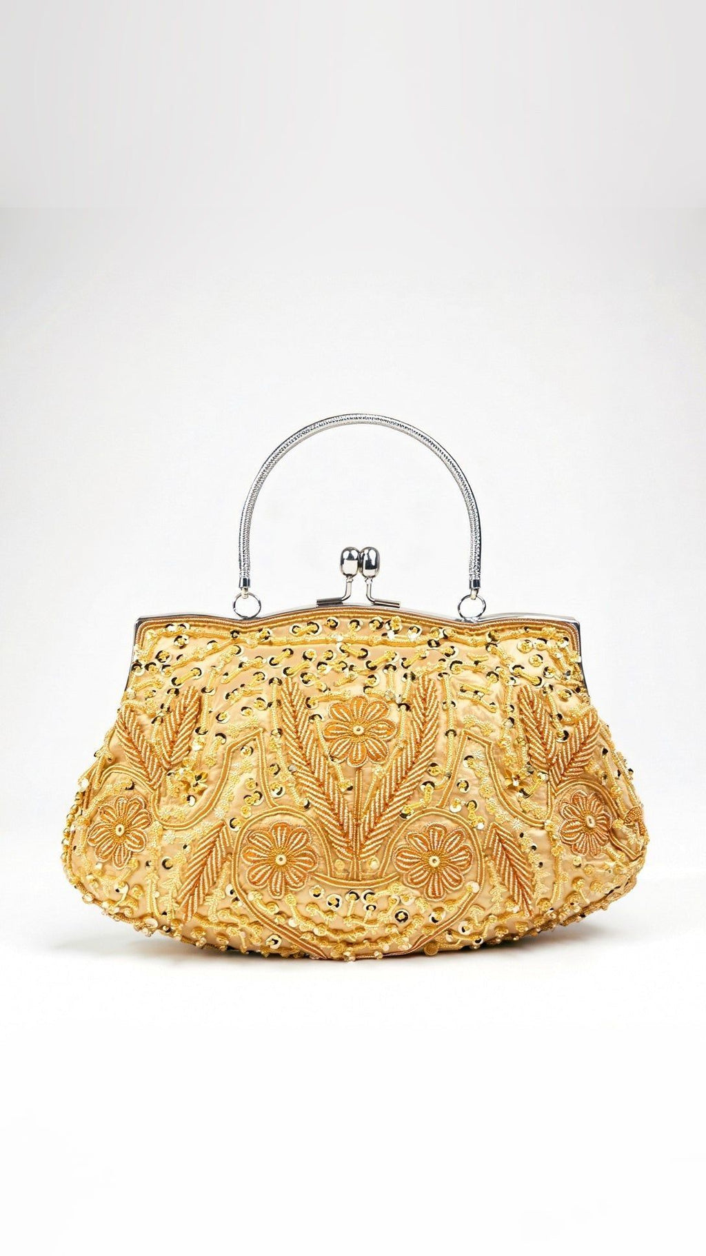 Embroidered Evening Bag with Metal Handle, Beaded Fabric Clutch for Formal Occasions — Image 2