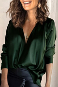 Women's Satin V-Neck Blouse Long Sleeve Elegant Evening Top Green Burgundy — Main Image