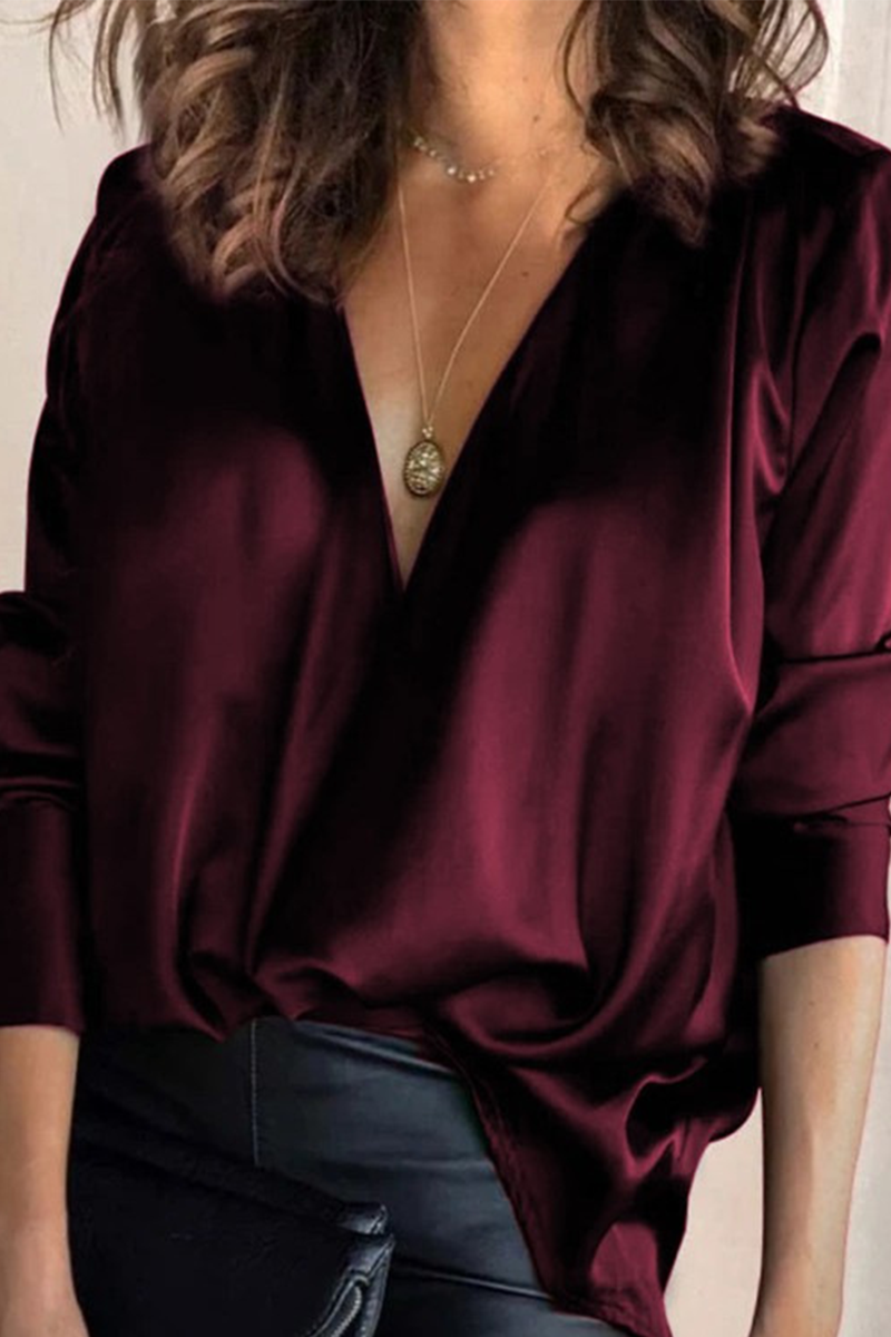 Women's Satin V-Neck Blouse Long Sleeve Elegant Evening Top Green Burgundy — Image 2