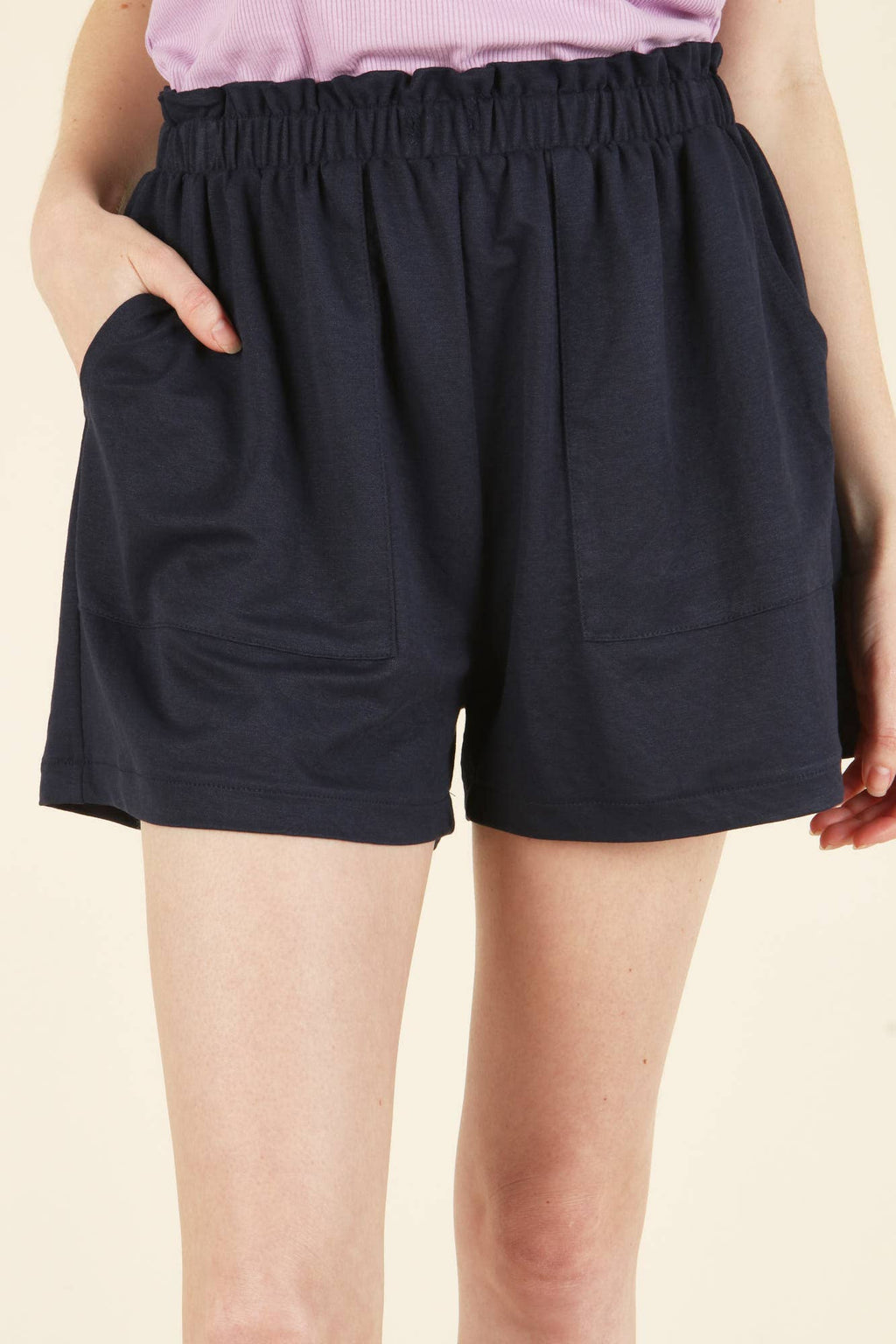 Women's Casual Elastic Waist Shorts Cotton Black Navy Pockets Comfortable Summer — Image 2