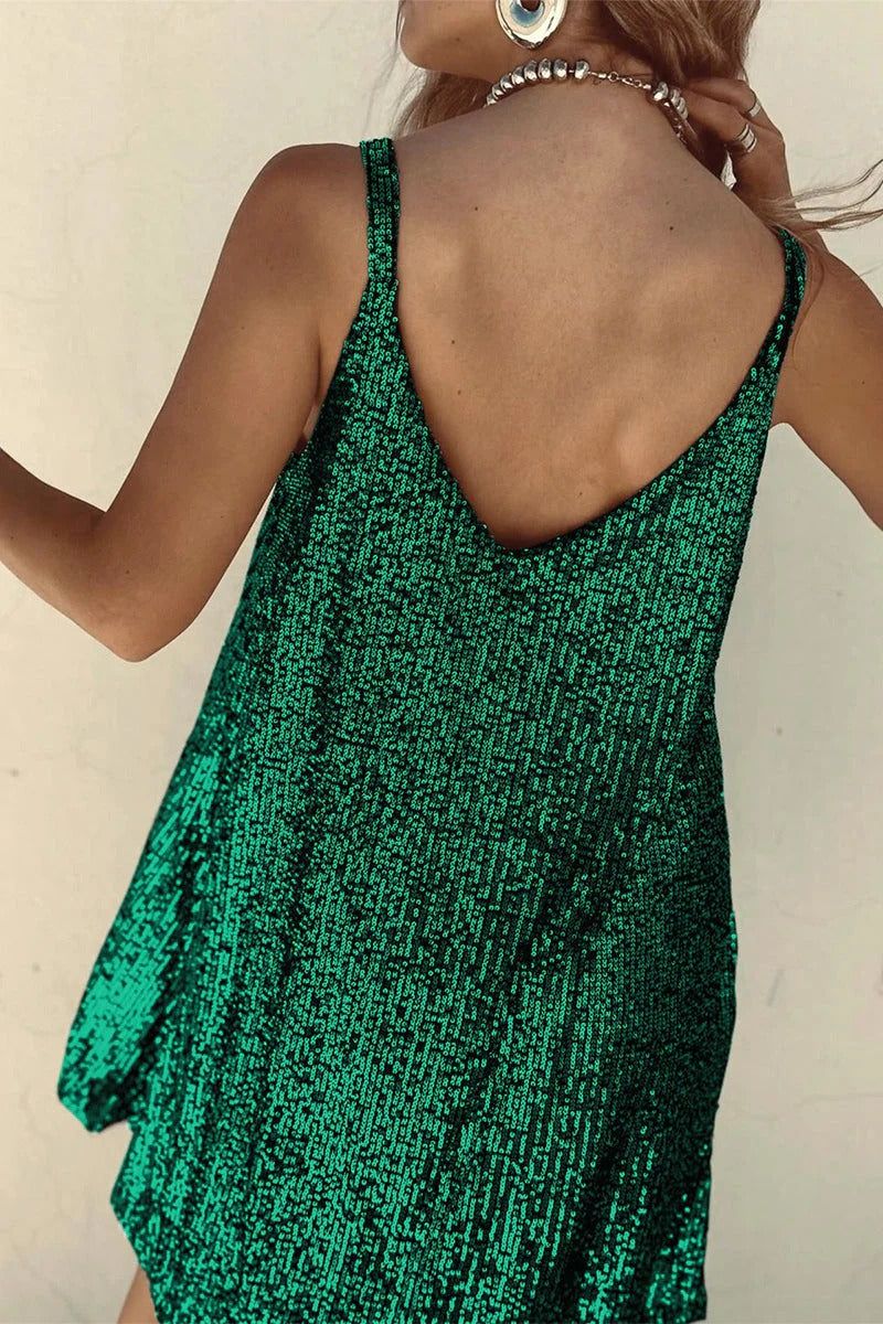 Sequin V-Neck Mini Dress. Assorted colors, polyester material. Sleeveless party dress. — Image 13