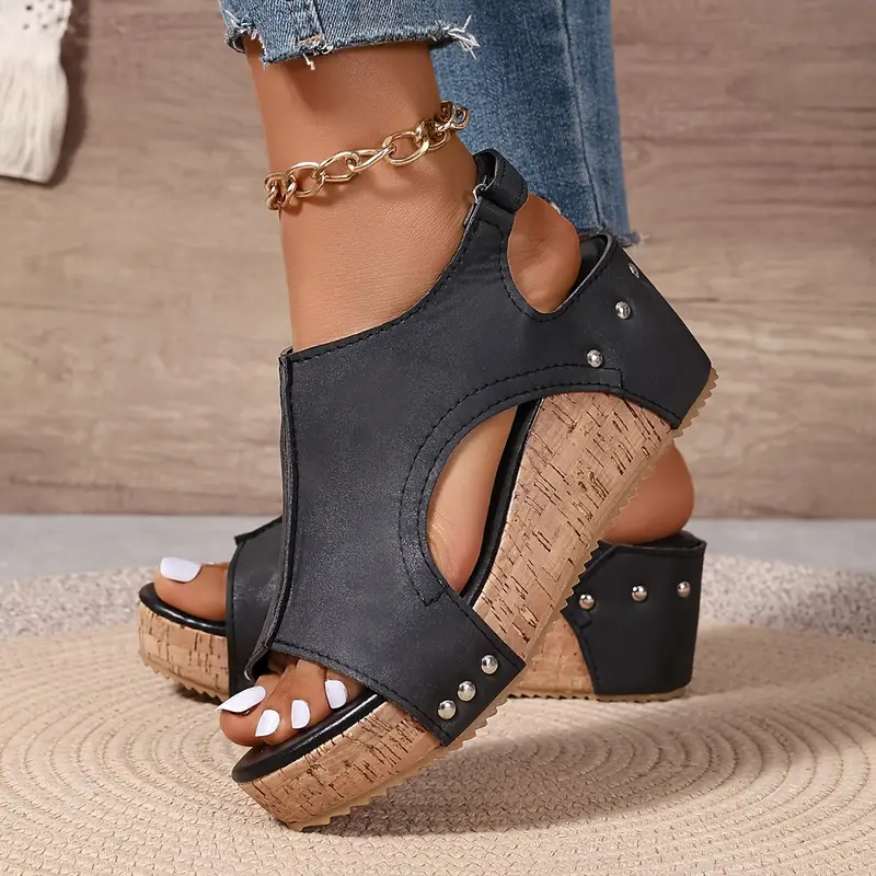 Women's Wedge Sandals with Cork Sole in Brown, Black, Beige, Blue - Stylish and Comfortable — Image 3
