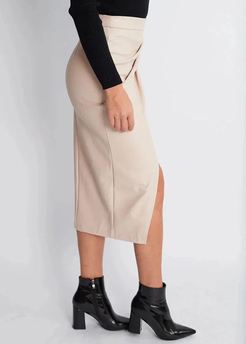 Draped Faux Leather Midi Skirt with Slit, Black, Beige, Brown. Elegant Women's Pencil Skirt. — Image 8