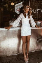 Sequin Mini Dress with Bishop Sleeves - Women's Sparkly Party Dress — Main Image