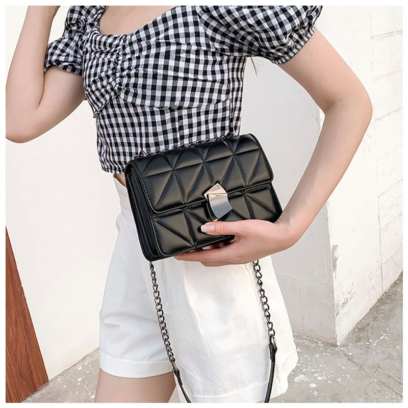 Quilted Crossbody Bag Black Faux Leather Chain Strap Shoulder Purse — Image 7