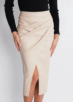 Draped Faux Leather Midi Skirt with Slit, Black, Beige, Brown. Elegant Women's Pencil Skirt. — Image 7