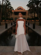 Strapless White Maxi Dress with High Slit and Chiffon Scarf — Image 5