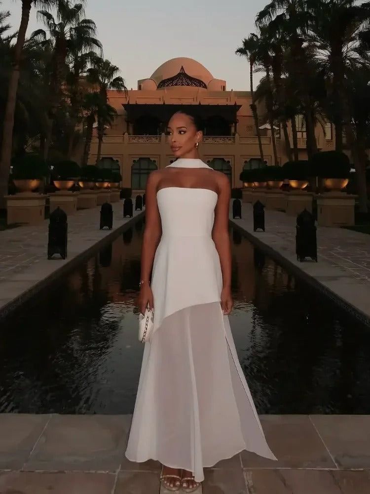 Strapless White Maxi Dress with High Slit and Chiffon Scarf — Image 5