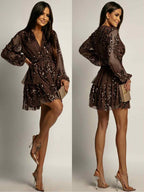 Sequin Tiered Mini Dress, Brown Long Sleeve V-Neck Polyester — Image 6